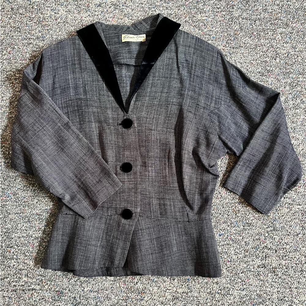 Vintage 50’s Crosshatch Fabric Jacket  with Black Velvet Trim and Buttons